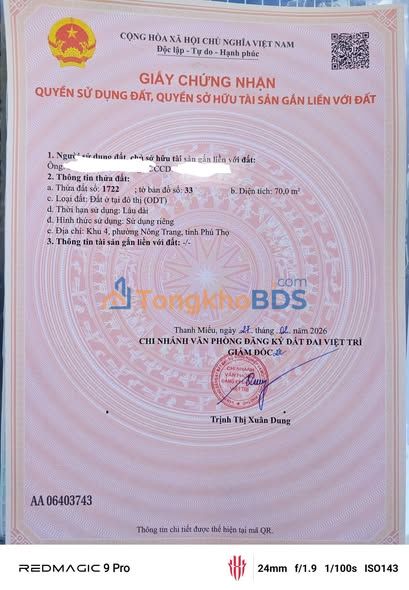 Đất nền Phú Thọ 70m² sổ đỏ chính chủ - Ngay ngã 3 thoáng mát