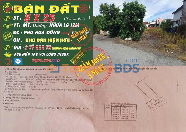 Bán Đất Mặt Tiền 200m² Xã Phú Hoà Đông, Củ Chi - Sổ Đỏ Thổ Cư 100%, Giá 3.x Tỷ
