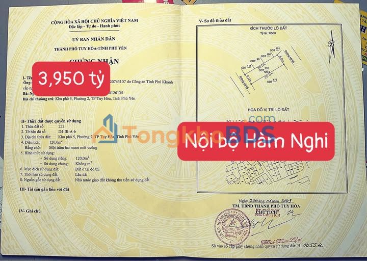 Nhà 2 Mê 120m² Hẻm Ô Tô Hàm Nghi, Tuy Hoà - Giá 3.95 Tỷ