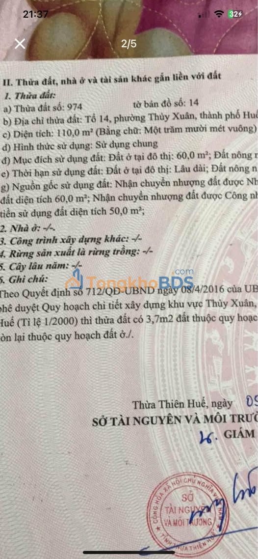 Bán Đất Thuỷ Xuân 110m² - Ngang 6.2m Nở Hậu 7.5m - Giá 1 Tỷ Tốt