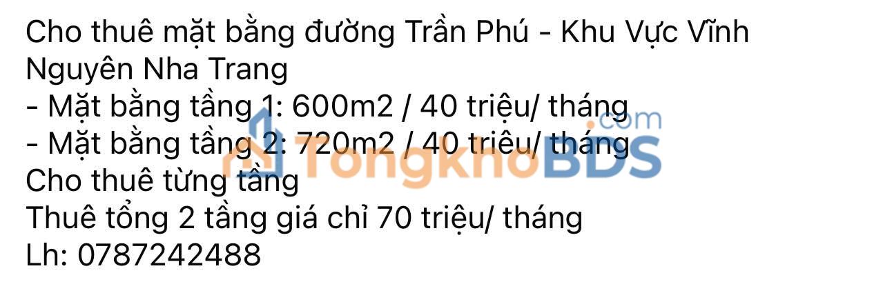 Cho thuê mặt bằng tầng 1 & 2, 600m2 - 720m2, mặt tiền Trần Phú, Nha Trang