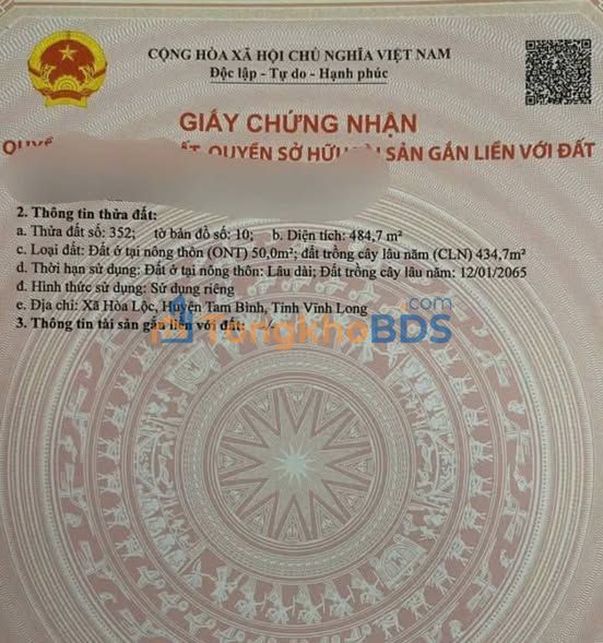 Đất Nền Vĩnh Long 484.7m² Sổ Hồng Sẵn - Giá 340 Triệu Chính Chủ