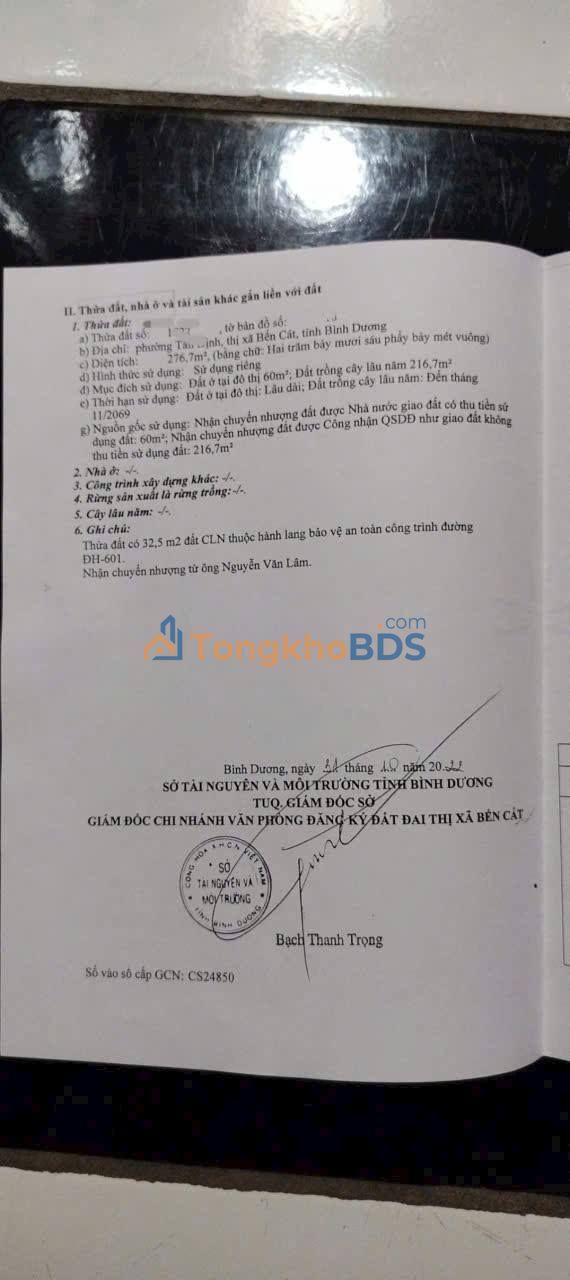 Đất Chính Chủ Bến Cát 276.7m² - Sổ Hồng Rõ Ràng, Giá Tốt