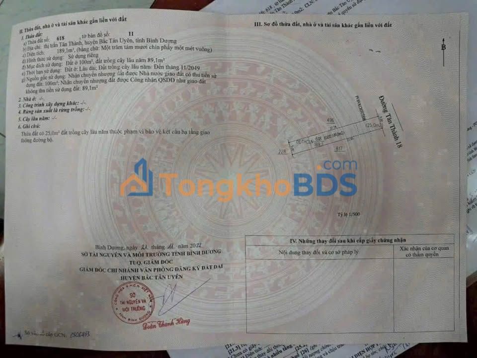 Đất thổ cư 185m² mặt tiền đường Tân Thành 18, Bắc Tân Uyên - Giá 1.5 tỷ