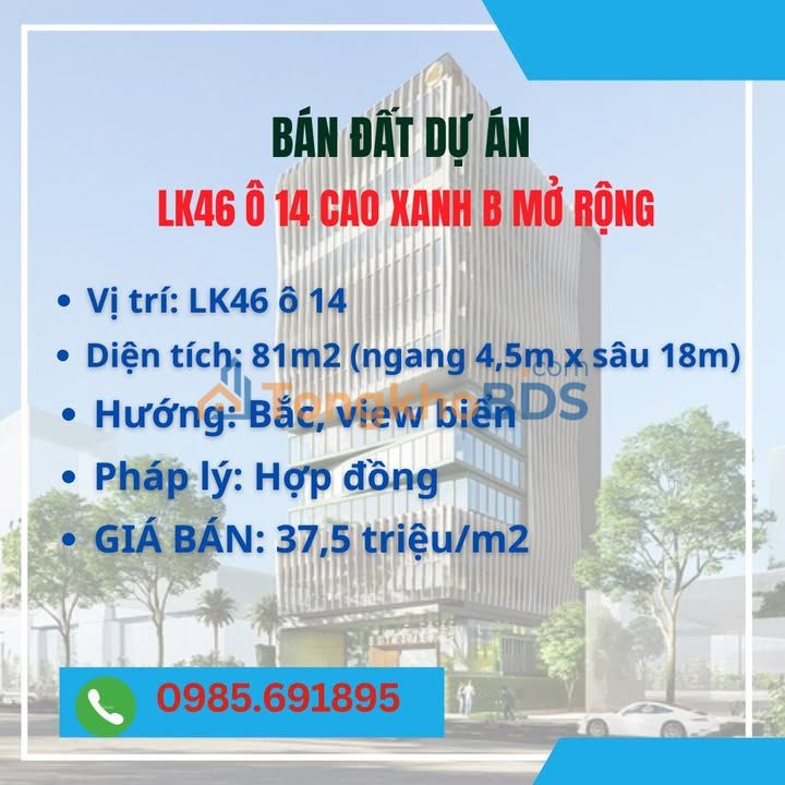 Đất nền LK46 Ô 14 Dự án Cao Xanh Mở rộng - 81m² view biển, giá 3.03 tỷ