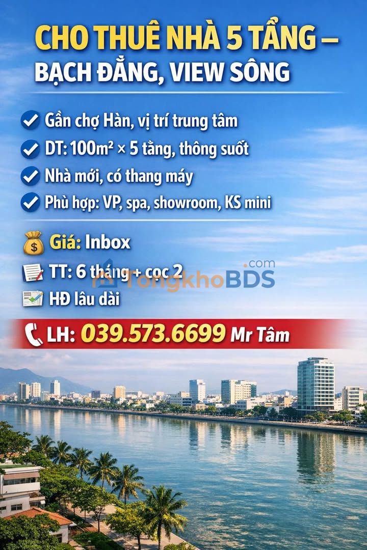 Cho thuê nhà 5 tầng mặt tiền Bạch Đằng, Đà Nẵng - View sông, 500m², 5 tầng
