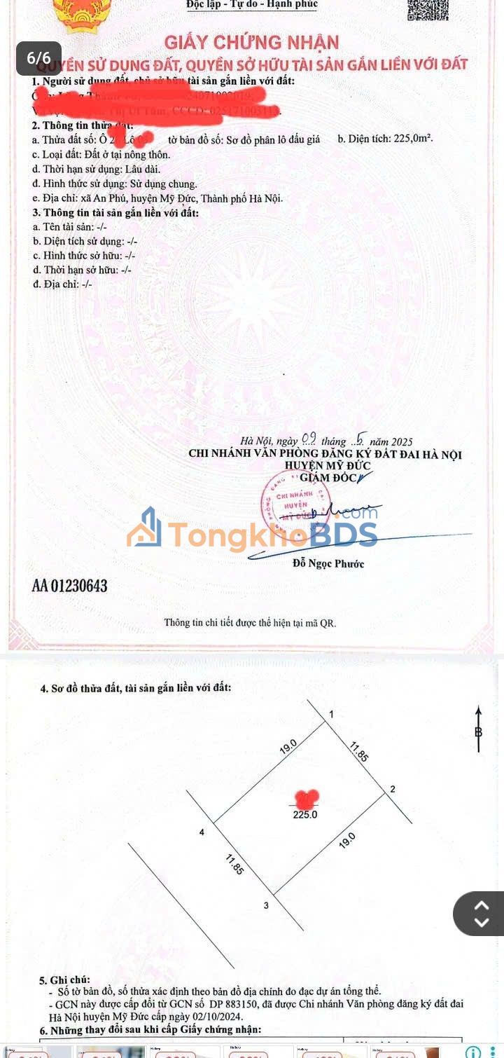 Bán Đất Thổ Cư 225m² Mỹ Đức, Hà Nội - Giá 2 Tỷ, Sẵn Sàng Xây Dựng