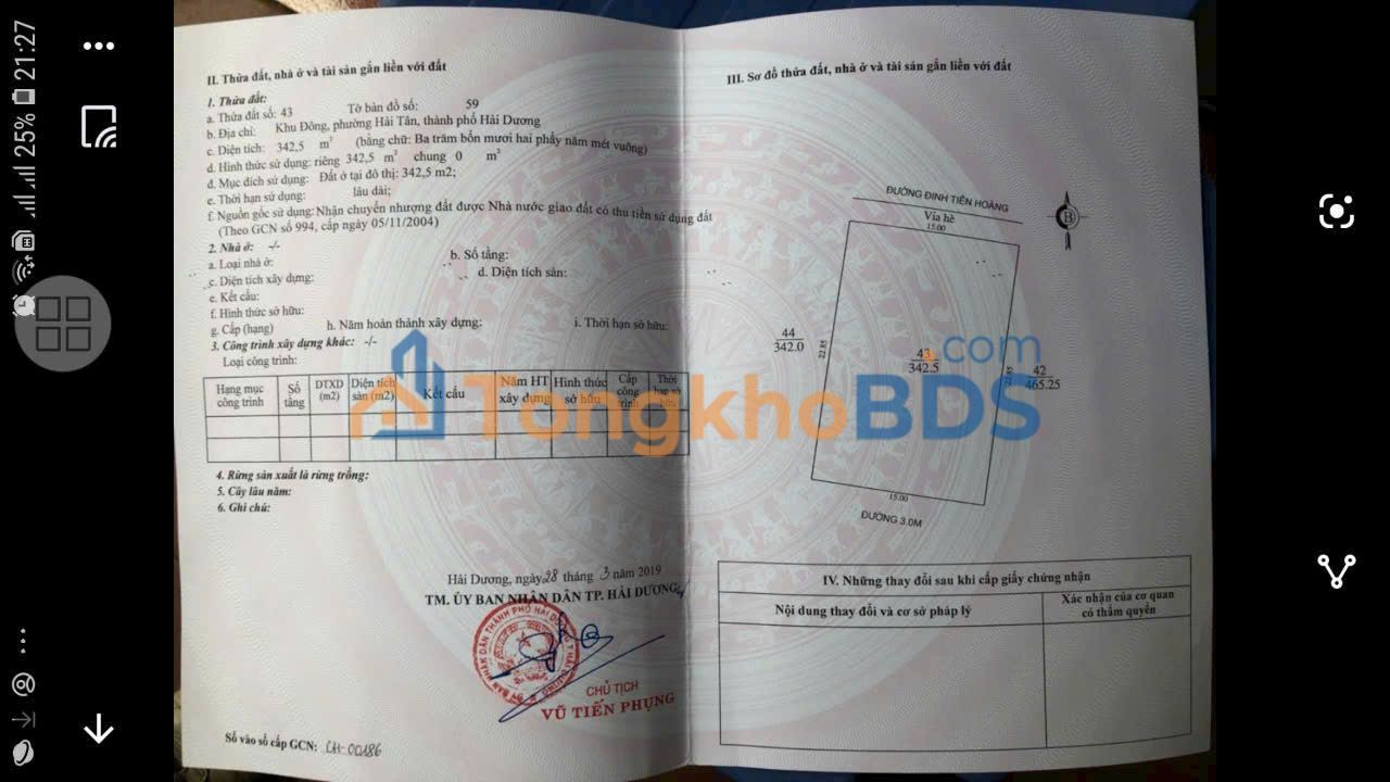 Bán Đất Mặt Phố Đinh Tiên Hoàng, TP Hải Dương - 342m² Vị Trí Vàng