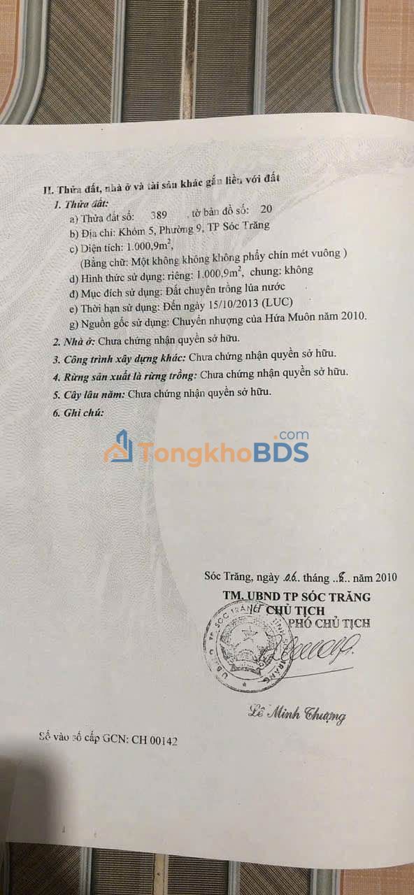 Đất vườn Dal 3/2 Sóc Trăng 1.000m² 800 triệu - Đường to ô tô