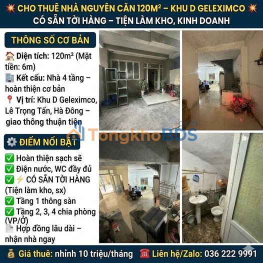 Nhà nguyên căn Khu D Geleximco 120m2 10 triệu - Sẵn ở ngay