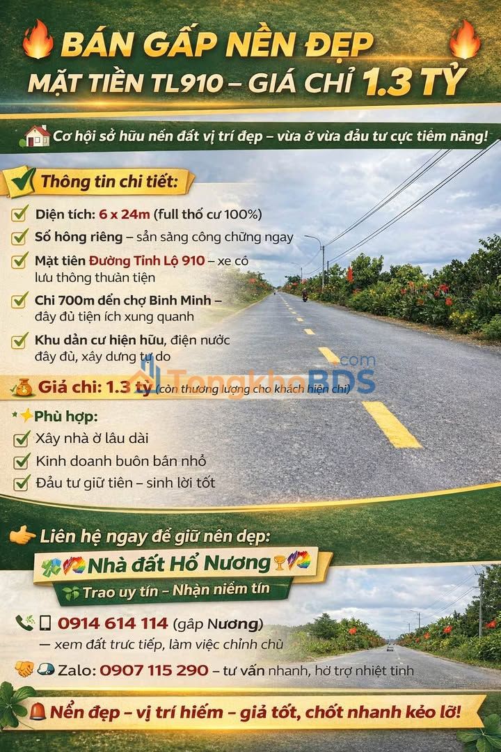 Bán Nền Mặt Tiền TL910, Tam Bình, Vĩnh Long - 144m², 1.3 Tỷ