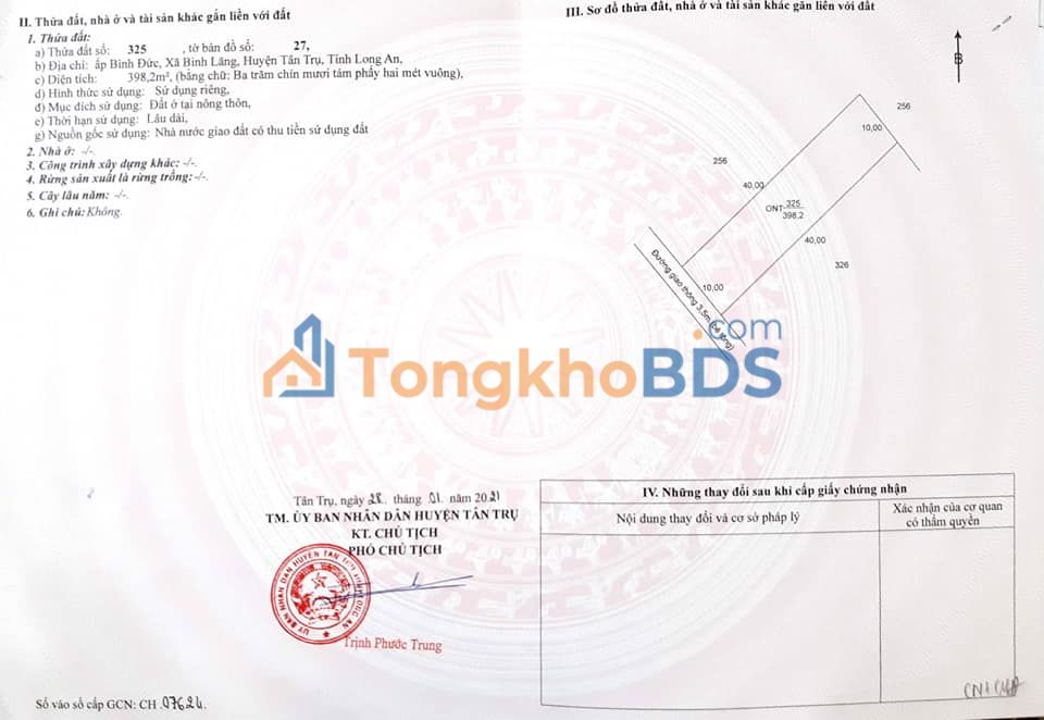 Đất nền Bình Lãng Tân Trụ 400m² giá 1 tỷ - Hạ tầng hoàn thiện