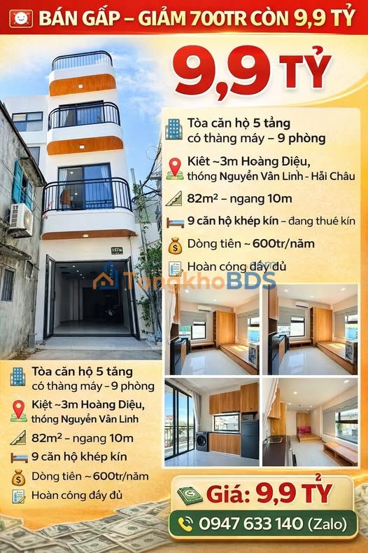 Tòa căn hộ 5 tầng Hoàng Diệu, Đà Nẵng - 82m² - Dòng tiền 600 triệu/năm