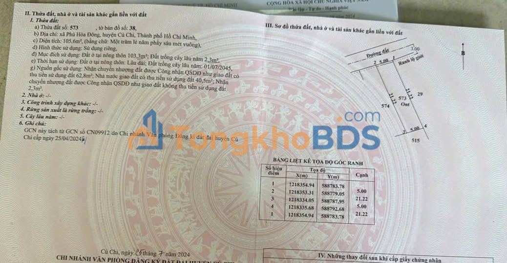 Đất nền Củ Chi TL15 105m² 1,38 tỷ - Thổ cư 100%