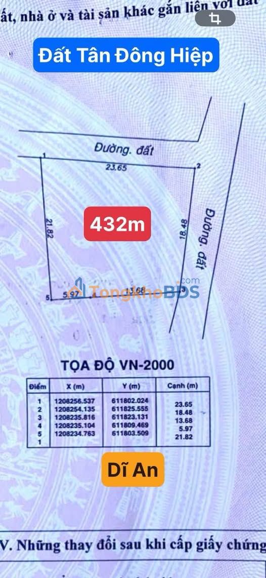 Bán Đất Góc 432m² Tân Đông Hiệp, Dĩ An - Vị Trí Vàng