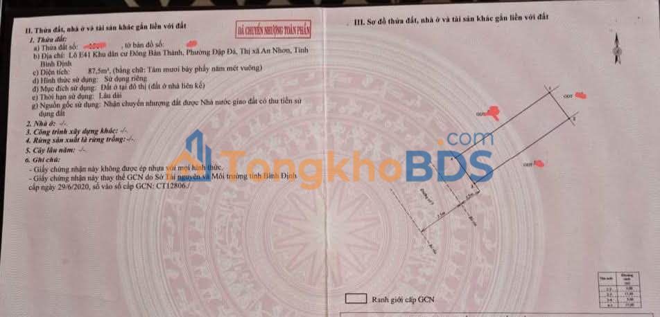 Đất nền 87.5m² Phường Đập Đá, An Nhơn - Chính chủ, Giá 1 tỷ - 1.99 tỷ