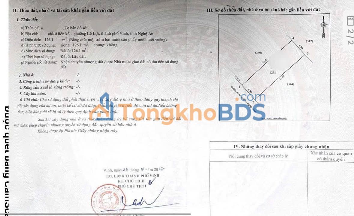 Đất kinh doanh Lê Lợi, Vinh 126m² 10 tỷ - Pháp lý rõ ràng