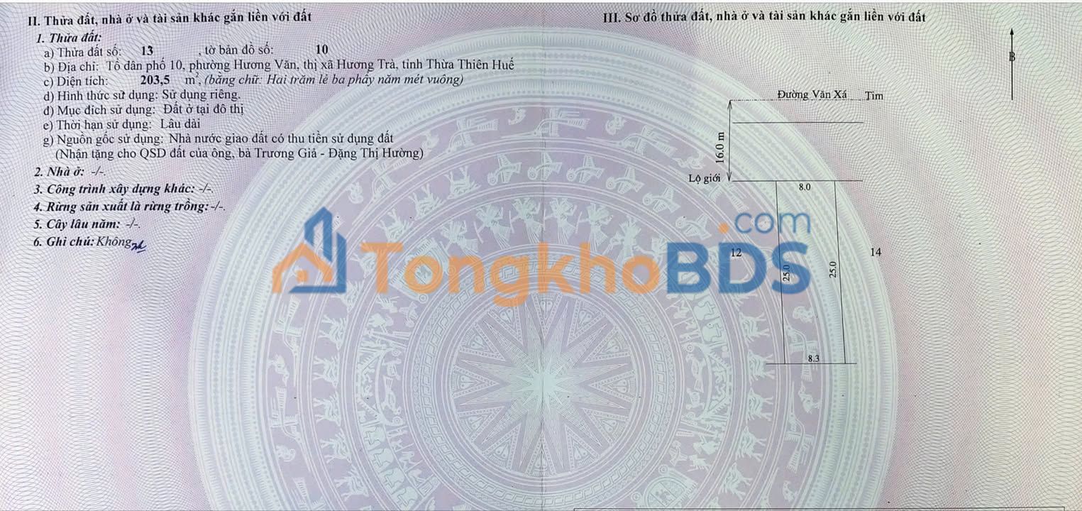 Đất nền Hương Văn Huế 204m² - Sổ đỏ chính chủ