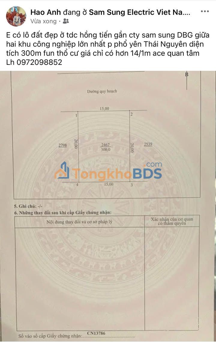 Đất nền Phổ Yên 300m² - Sổ hồng sẵn, gần Samsung