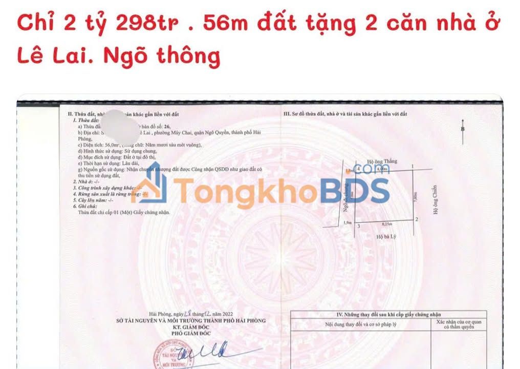 Đất thổ cư Ngõ 270 Lê Lai 56m² 2.298 tỷ - Sổ đỏ chính chủ