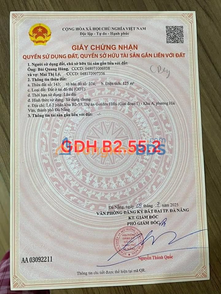 Đất nền Goldenhill Đà Nẵng 125m² 4.15 tỷ - Sổ đỏ chính chủ