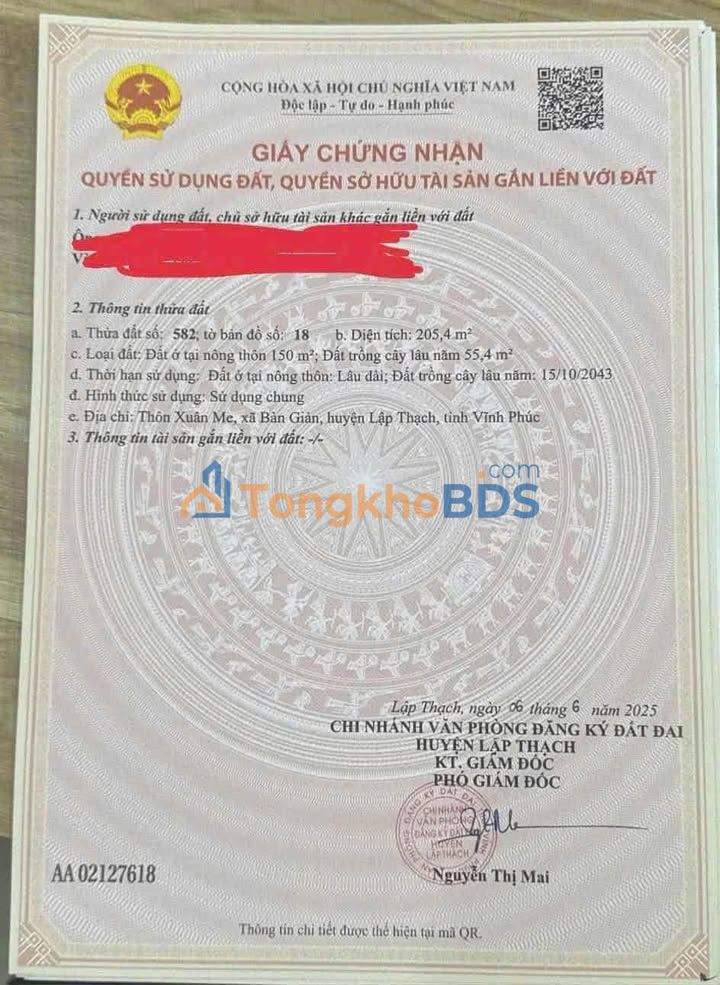 Đất nền Lập Thạch 205m² 2,9 tỷ - Sổ đỏ chính chủ