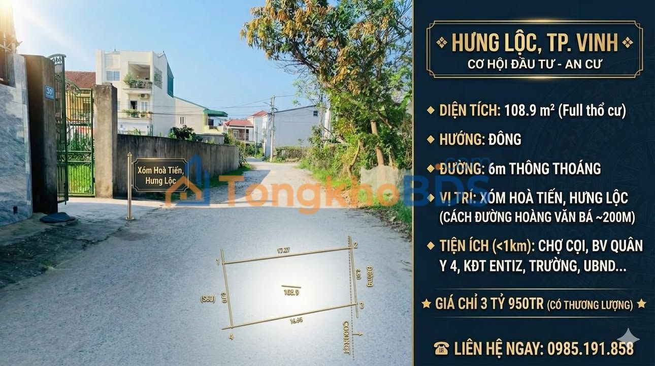 Đất thổ cư Hưng Lộc Vinh 109m² 3.95 tỷ - Thổ cư 100%