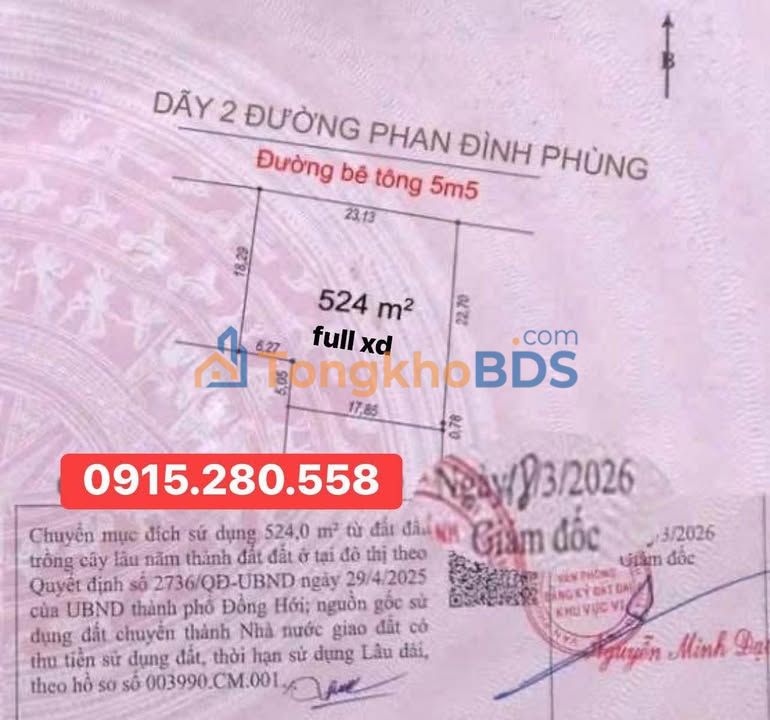 Đất nền Phan Đình Phùng Đồng Hới 524m² - Đường ô tô