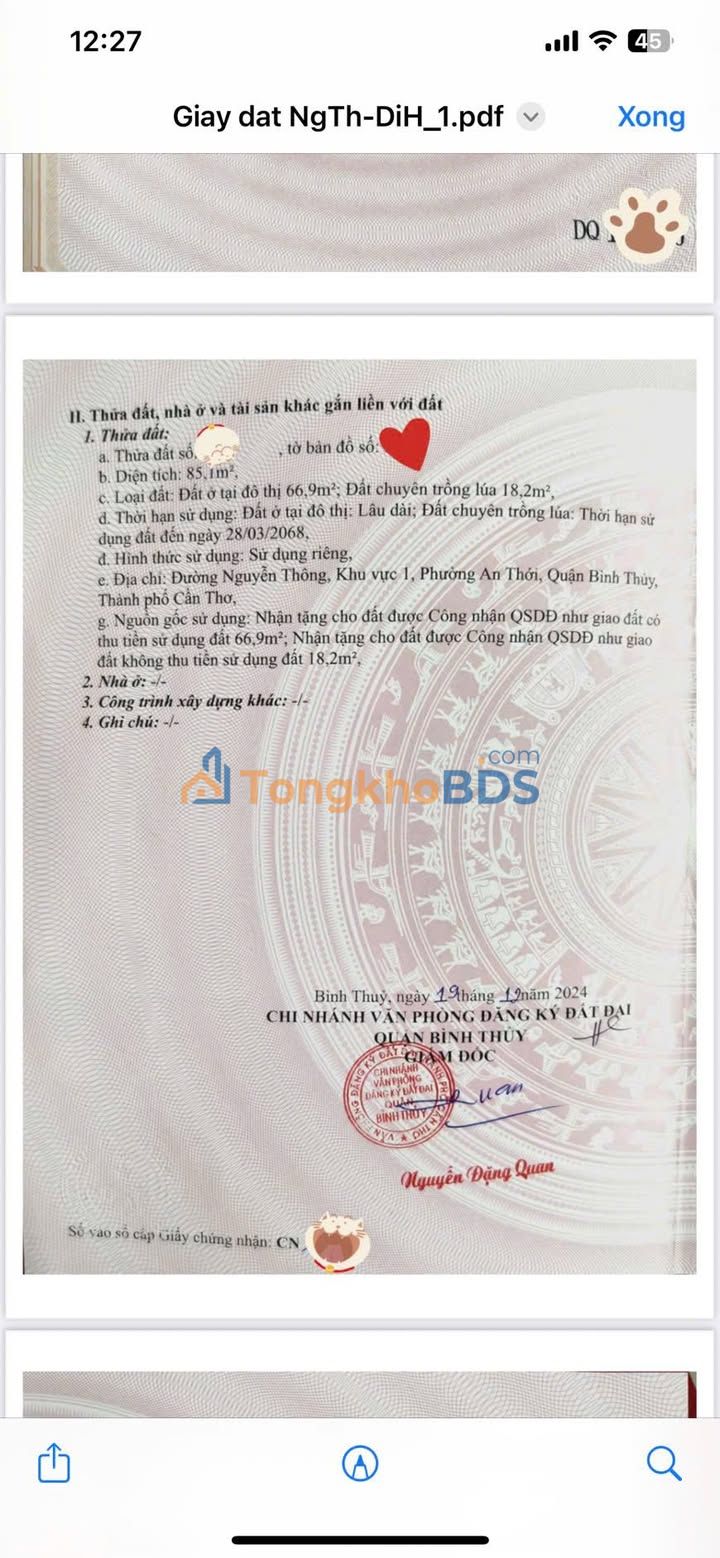 Đất Nguyễn Thông Bình Thuỷ 85m² 3.2 tỷ - Đường ô tô