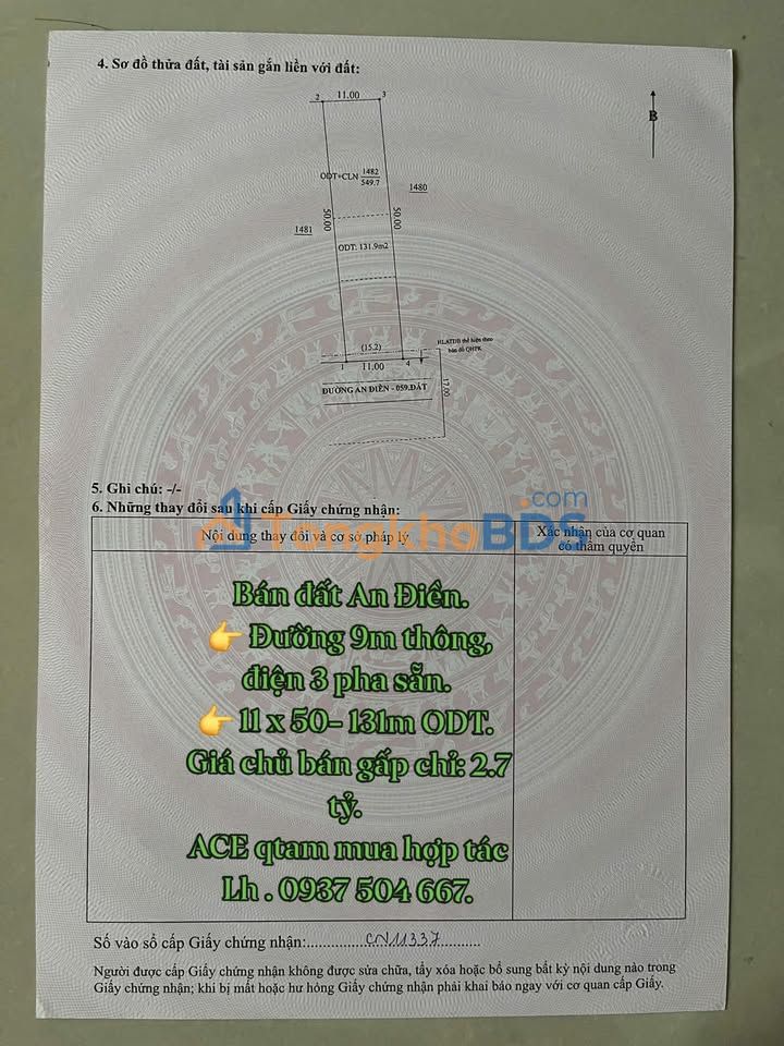 Đất nền An Điền Bến Cát 550m² 2.7 tỷ - Sổ đỏ chính chủ