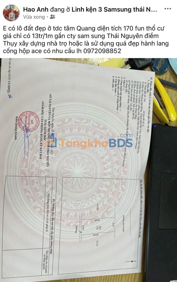 Đất nền Xã Điềm Thụy 170m² 2.21 tỷ - Đất thổ cư 100%