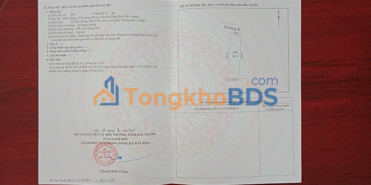 Đất nền Hiệp Hòa Bắc Giang 92m² 414 triệu - Đất thổ cư 100%