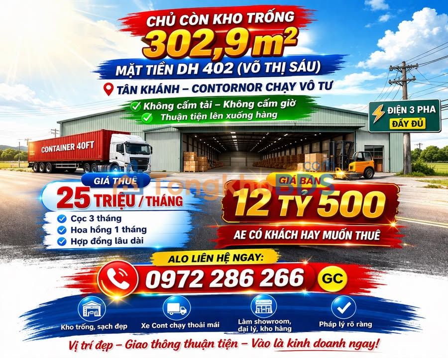 Warehouse DH402 Tan Khanh 303m² 12.5 tỷ - Hoạt động ngay