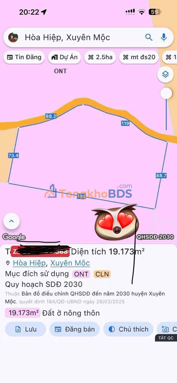 Đất nền Hòa Hiệp Xuyên Mộc 1.9ha 650tr/sào - Sổ đỏ chính chủ