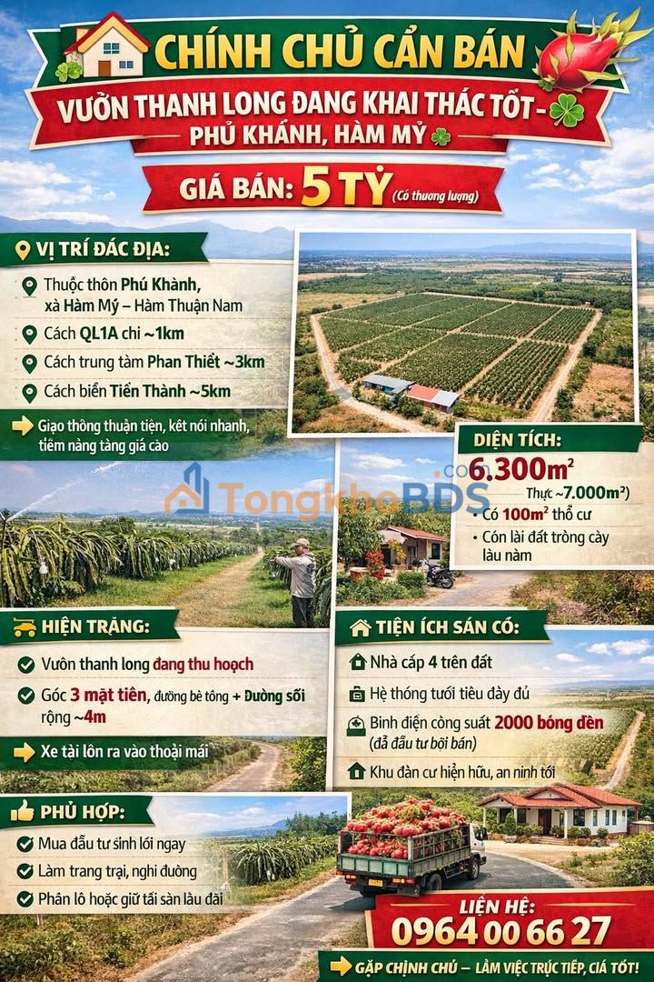 Đất vườn Phú Khánh Hàm Mỹ 7.000m² giá 5 tỷ - Sổ đỏ chính chủ