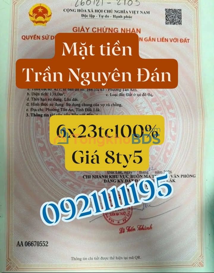 Đất nền Trần Nguyên Đán Buôn Ma Thuột 138m² 8,005 tỷ – Sổ đỏ chính chủ