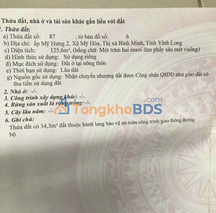 Đất nền Mỹ Hòa Bình Minh 126m² giá 1.1 tỷ - Thổ cư 100%