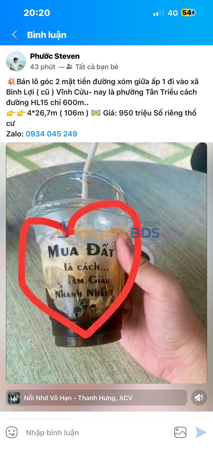 Đất thổ cư Bình Lợi Vĩnh Cửu 106m² 950 triệu - Pháp lý rõ ràng