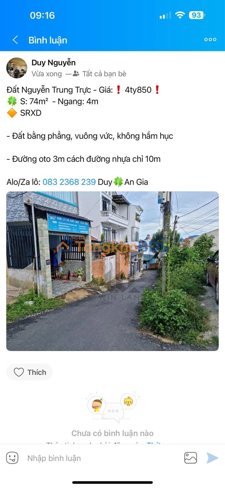 Đất Nguyễn Trung Trực Đà Lạt 74m² 4.85 tỷ - Sổ đỏ chính chủ