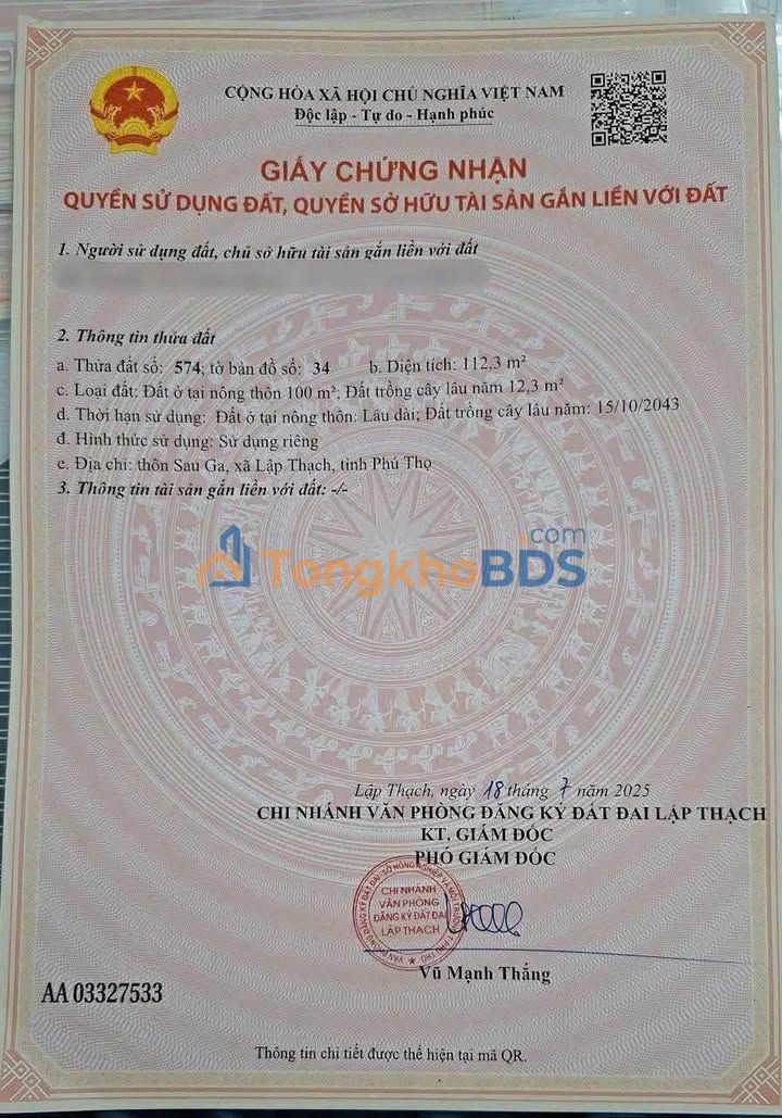 Đất xã Tử Du Lập Thạch 112m² 600 triệu - Đường to ô tô