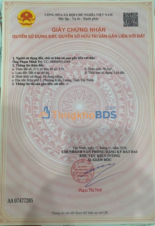 Đất nền Kiến Tường 57m² giá 460 triệu - Sổ đỏ chính chủ