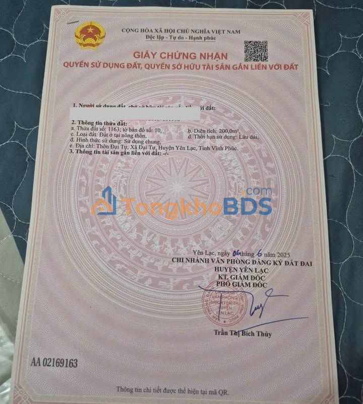 Đất nền Liên Châu Yên Lạc 200m² thổ cư full - Sổ đỏ chính chủ