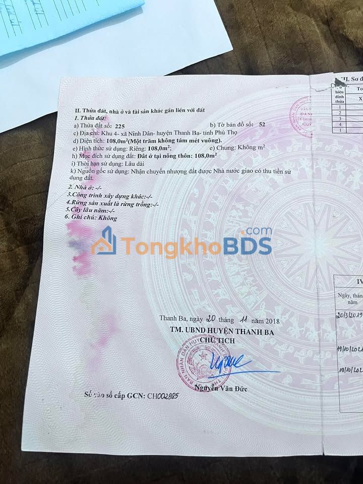 Đất tái định cư Di 168 Thanh Ba 108m² 8xx triệu - Thổ cư 100%