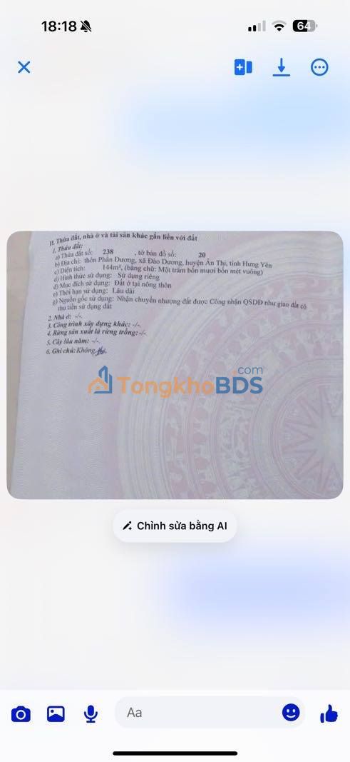 Đất Đào Dương Ân Thi 144m² 1.44 tỷ - Đường ô tô vào đất