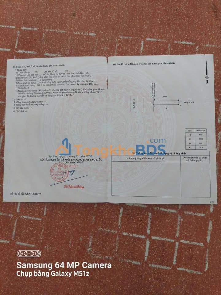 Đất nền Vĩnh Lợi Bạc Liêu 236m² 1 tỷ - Sổ hồng chính chủ