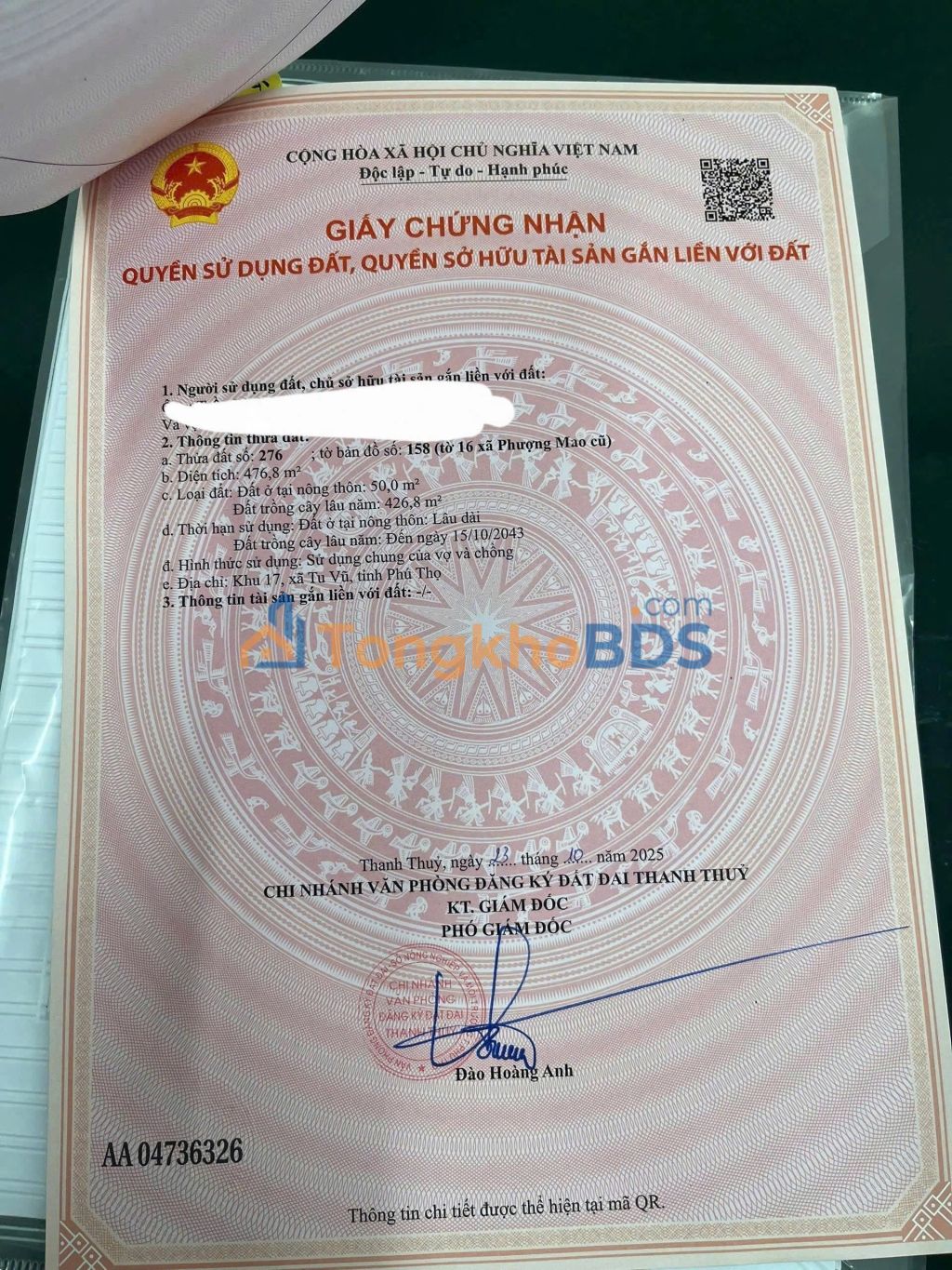 Đất Tu Vũ Thanh Thủy 199,5m² 550tr - Sổ đỏ chính chủ