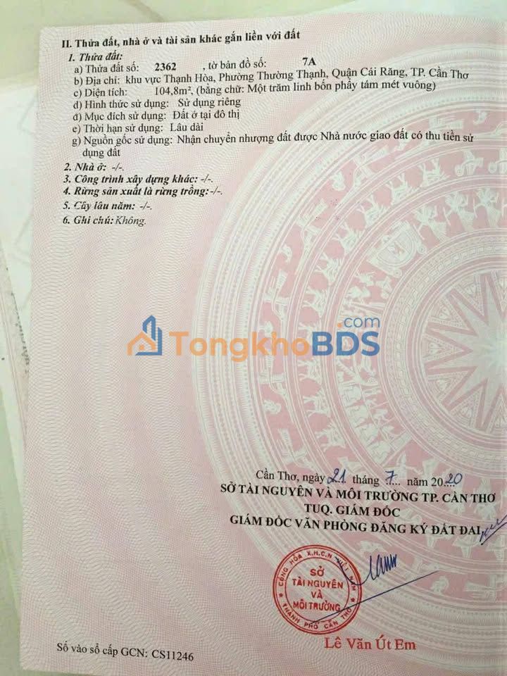 Đất nền Lê Bình Cái Răng 105m² 0.9 tỷ - Sổ đỏ chính chủ