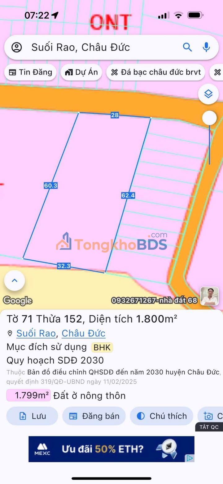 Đất Suối Rao Châu Đức 1.736m² giá 1,65 tỷ - Sổ hồng chính chủ