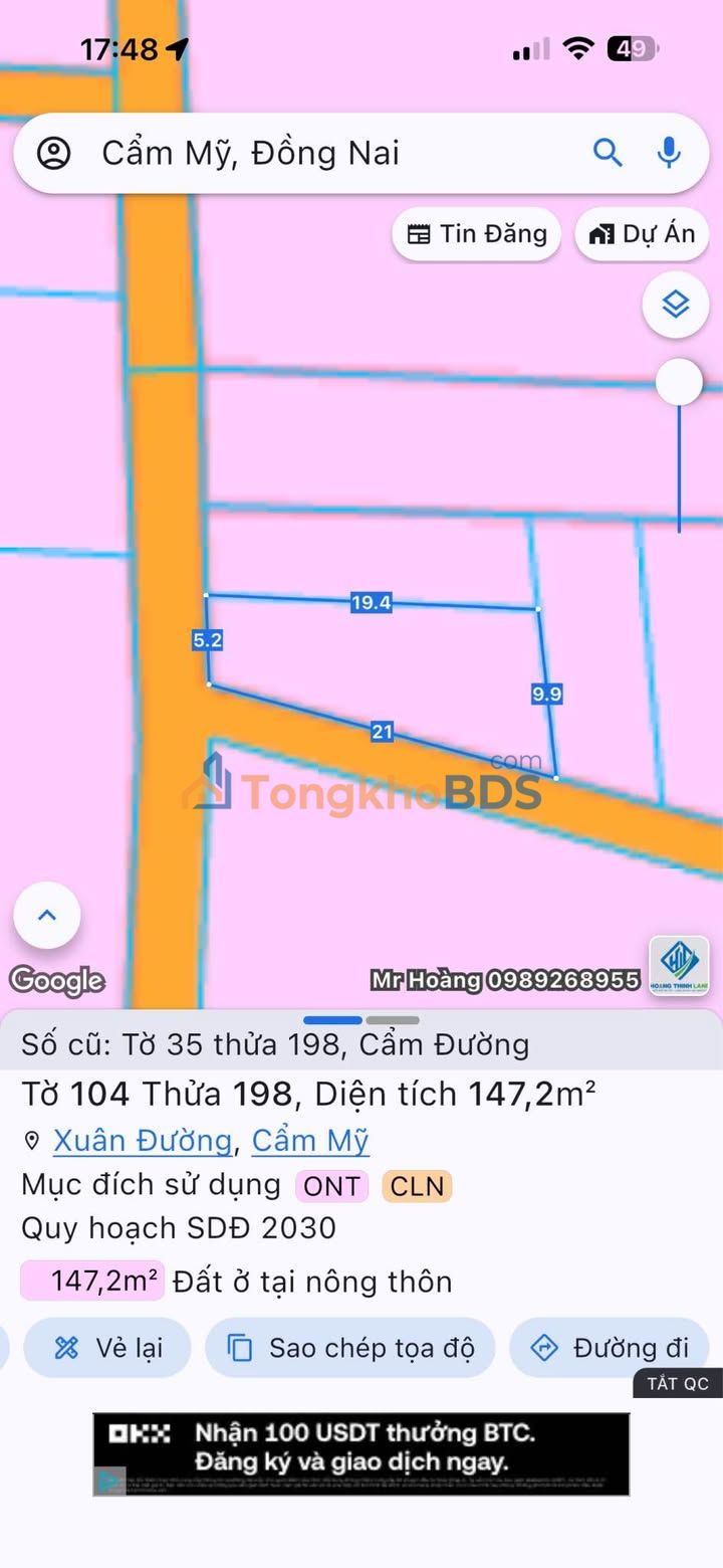 Đất nền Cẩm Đường Long Thành 147m² 1,25 tỷ - Nở hậu 9,9m