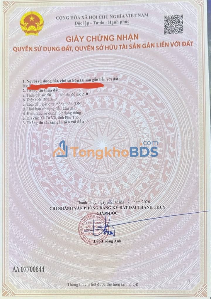 Đất nền Tu Vũ Phú Thọ 210m² 1.7 tỷ - Sổ đỏ chính chủ